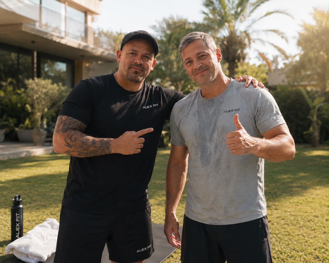 Alexx con su alumno en el jardín después de entrenar